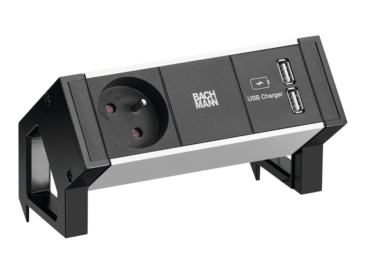 BACHMANN DESK2 ALU BLACK 1xUTE 1xUSB Charger 0,2m GST18 - Vorderansicht