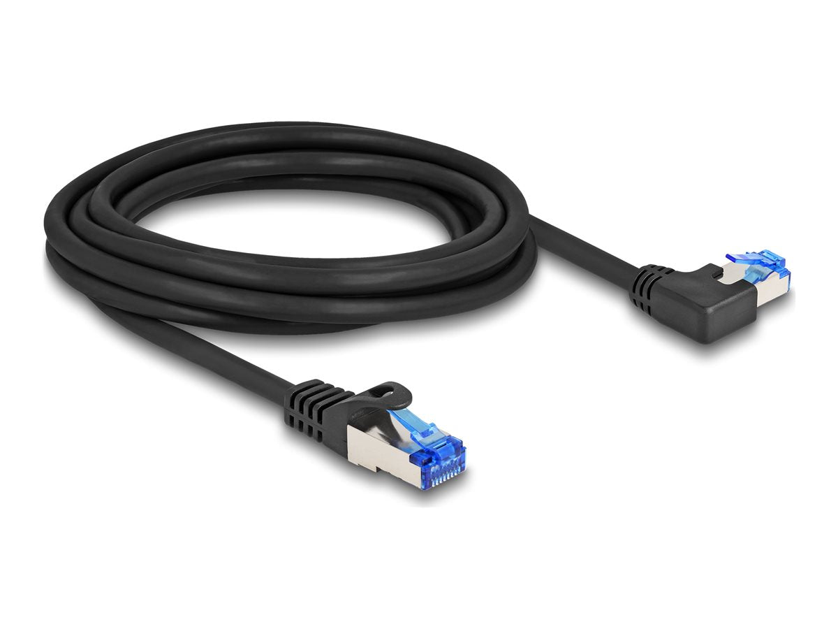 DELOCK RJ45 Netzwerkkabel Cat.6A S/FTP gerade / links gewinkelt 3m schwarz - Vorderansicht