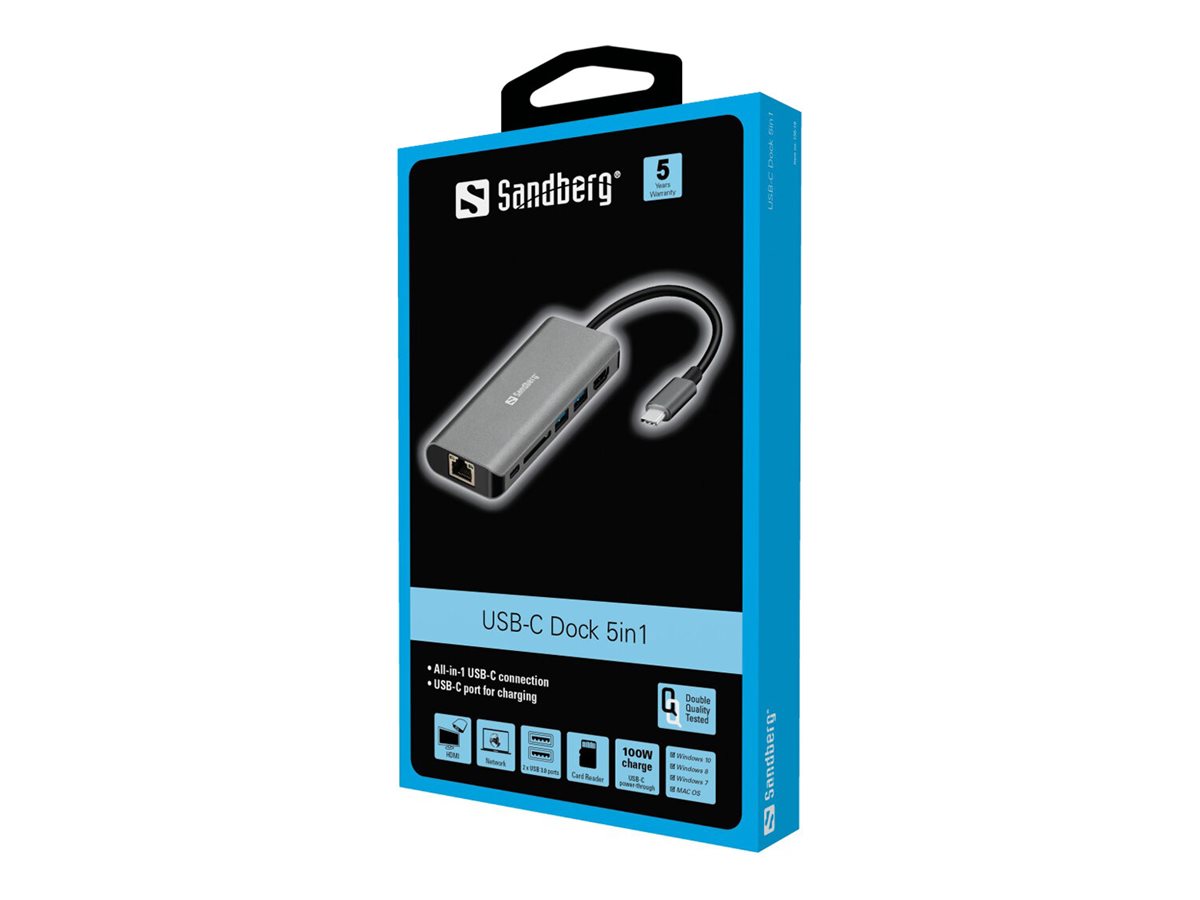 SANDBERG Adapter USB-C Dock HDMI+LAN+SD+USB,61W Vorderansicht