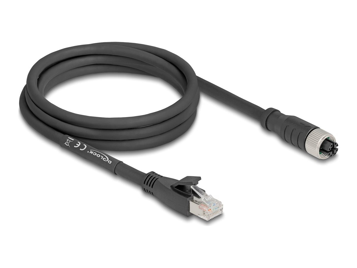 DELOCK M12 Kabel X-kodiert 8 Pin Buchse zu RJ45 Stecker Cat.5e S/FTP 2m schwarz - Vorderansicht