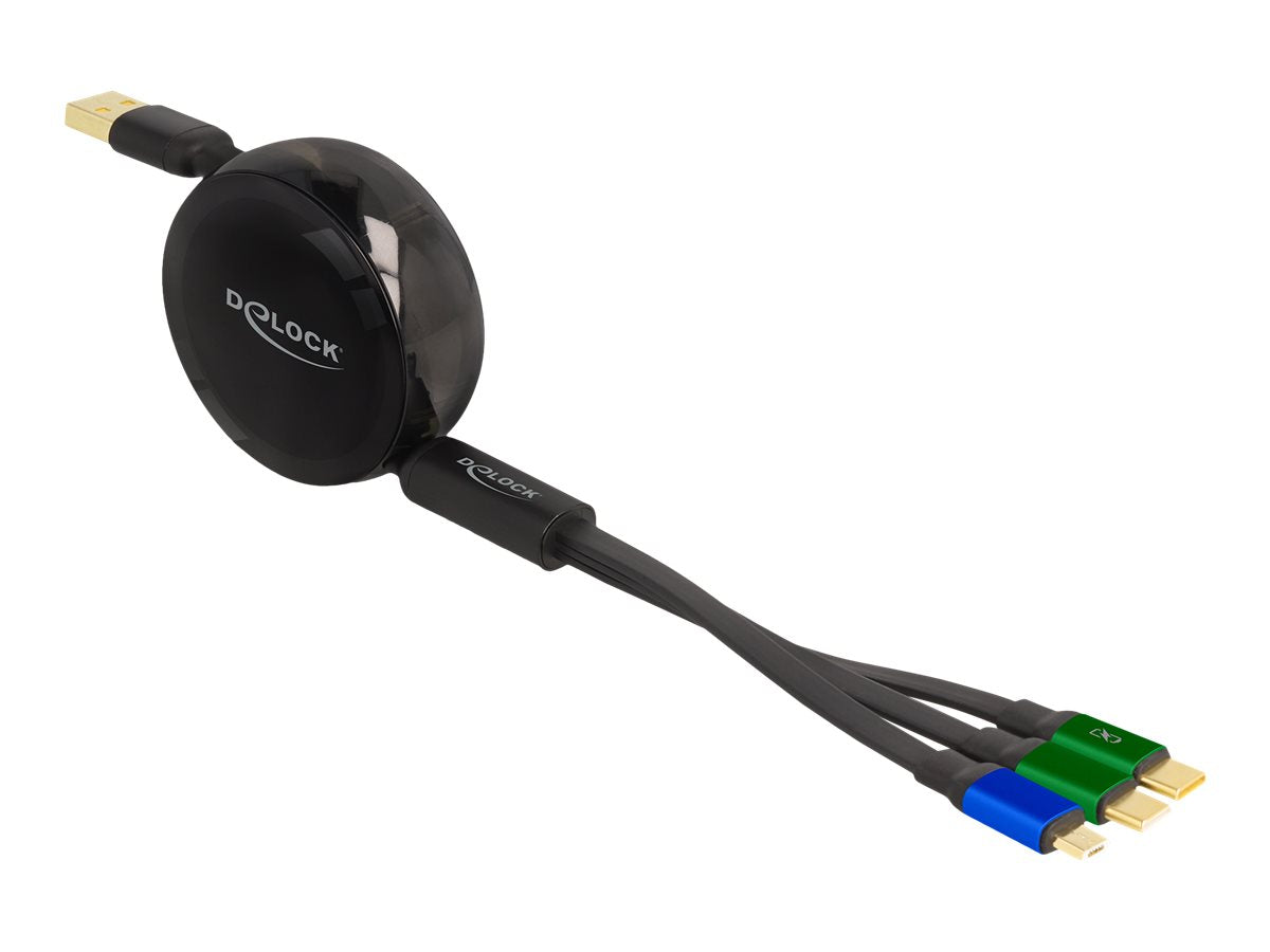 DELOCK USB Aufrollladekabel 3 in 1 Typ-A zu Micro USB / 2 x USB Type-C Vorderansicht