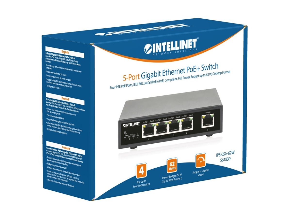 INTELLINET 5-Port Gigabit Ethernet PoE+ Switch 4 PSE PoE-Ports IEEE 802.3at/af PoE+/PoE-konform PoE-Strombudget 62W Desktop-Format