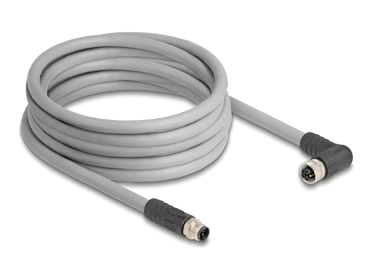 DELOCK M12 Kabel L-kodiert 5 Pin Stecker gerade zu Buchse rechts gewinkelt 5m - Vorderansicht