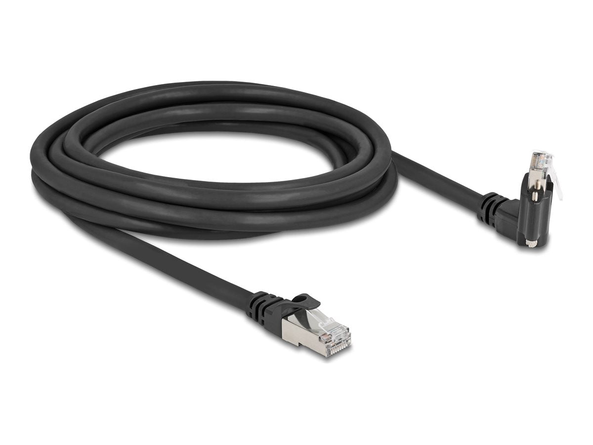 DELOCK GigE Kamera Kabel RJ45 Stecker 45 gedreht und 90 gewinkelt mit Schrauben zu RJ45 Stecker Cat.6 3m schwarz - Vorderansicht