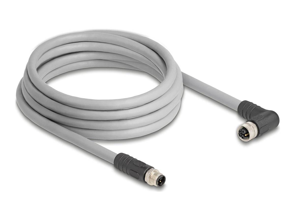 DELOCK M12 Kabel L-kodiert 5 Pin Stecker gerade zu Buchse rechts gewinkelt 3m - Vorderansicht