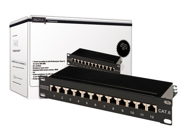 DIGITUS Patch Panel 25,4cm 10Zoll Cat6 12-Port geschirmt Vorderansicht