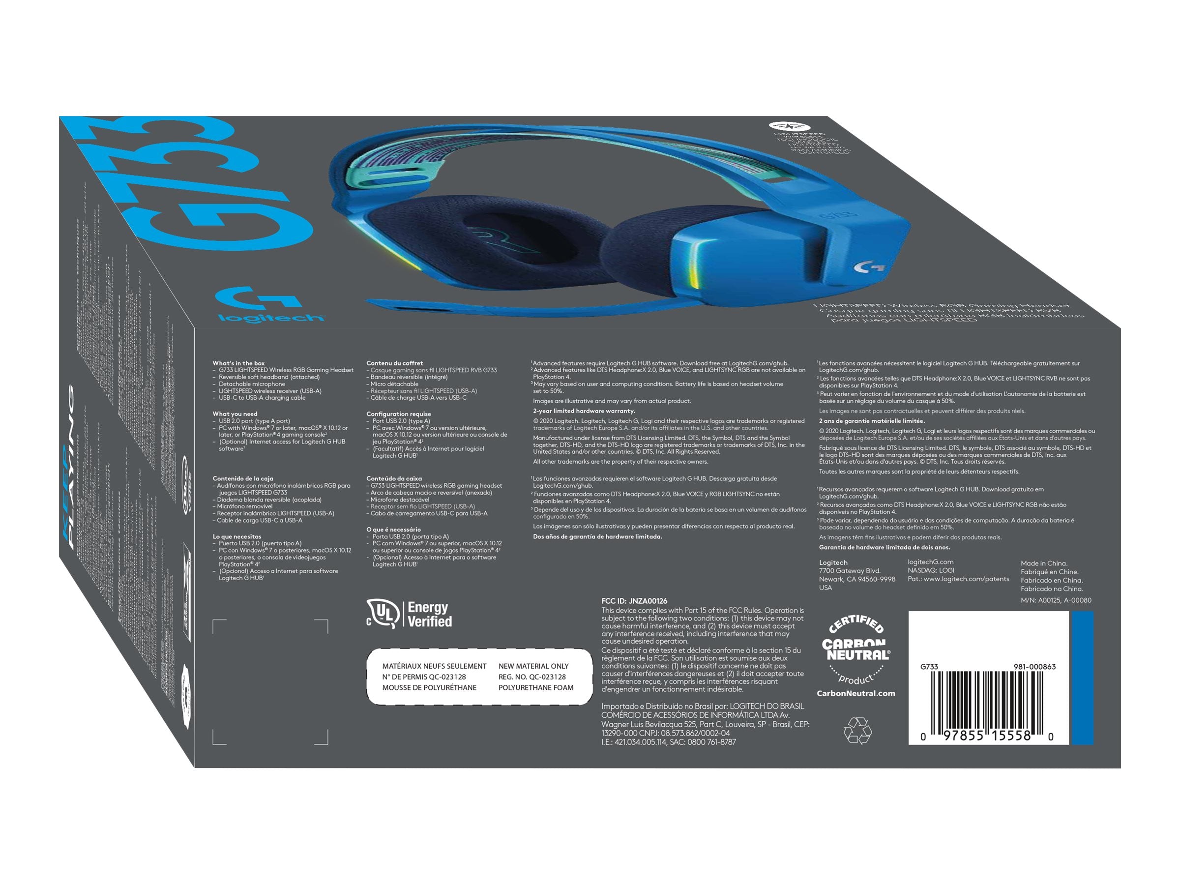 LOGITECH G G733 LIGHTSPEED Wireless RGB Gaming Headset Headset full size 2.4 GHz wireless blue
