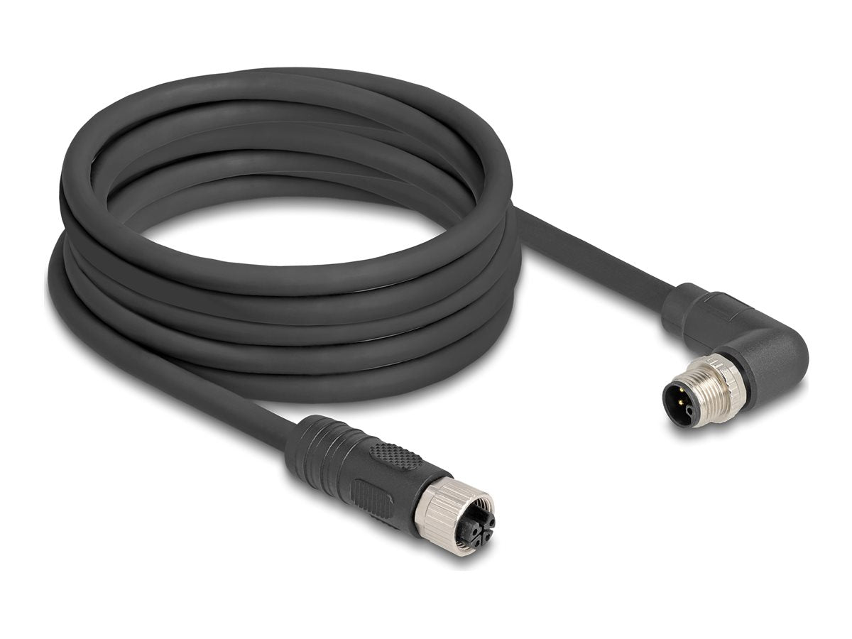 DELOCK M12 Kabel L-kodiert 4 Pin Stecker rechts gewinkelt zu Buchse gerade 5m schwarz - Vorderansicht