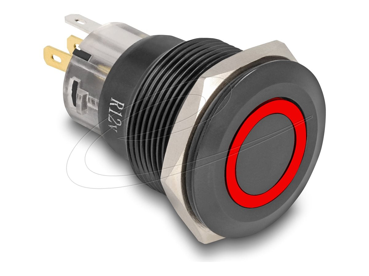 DELOCK Druckschalter 22mm 12V LED rot Ring Vorderansicht