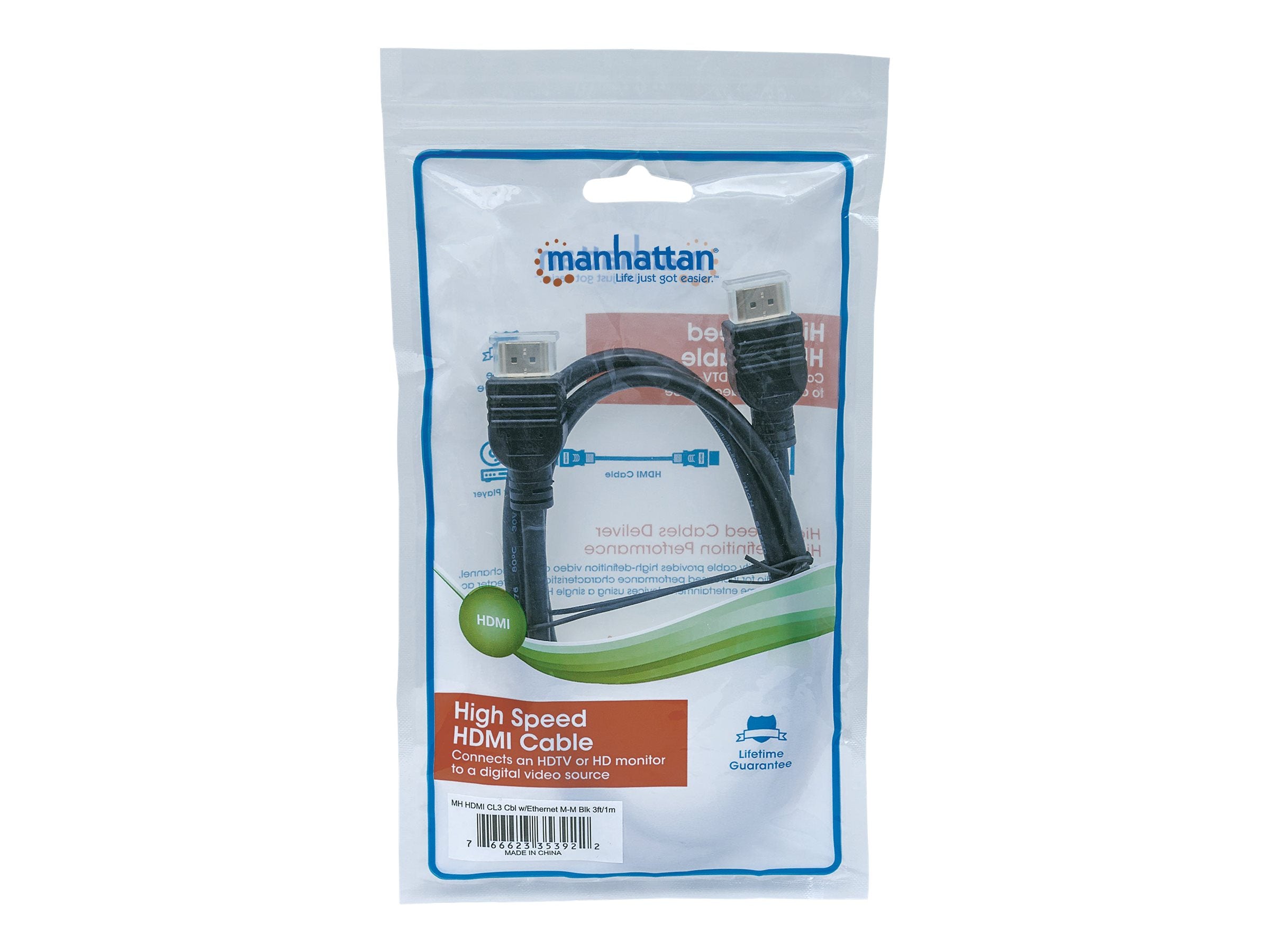 MANHATTAN HDMI-Kabel mit Ethernet-Kanal CL3-zertifiziert 1m Vorderansicht