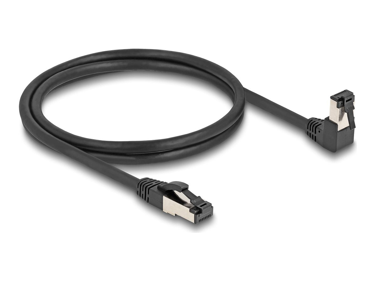 DELOCK RJ45 Netzwerkkabel Cat.8.1 S/FTP 90 unten gewinkelt / gerade 1m schwarz - Vorderansicht