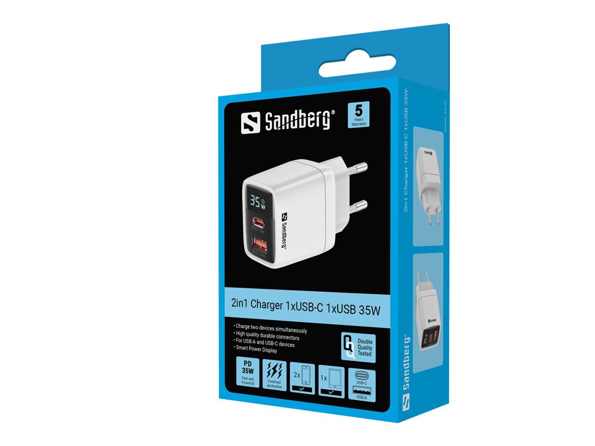 SANDBERG 2in1 Charger 1xUSB-C 1xUSB 35W Vorderansicht