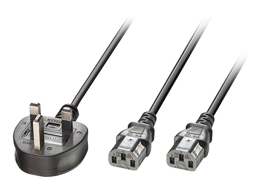 LINDY 2.5m UK 3 Pin an 2 x IEC C13 Y-Netzkabel - Vorderansicht