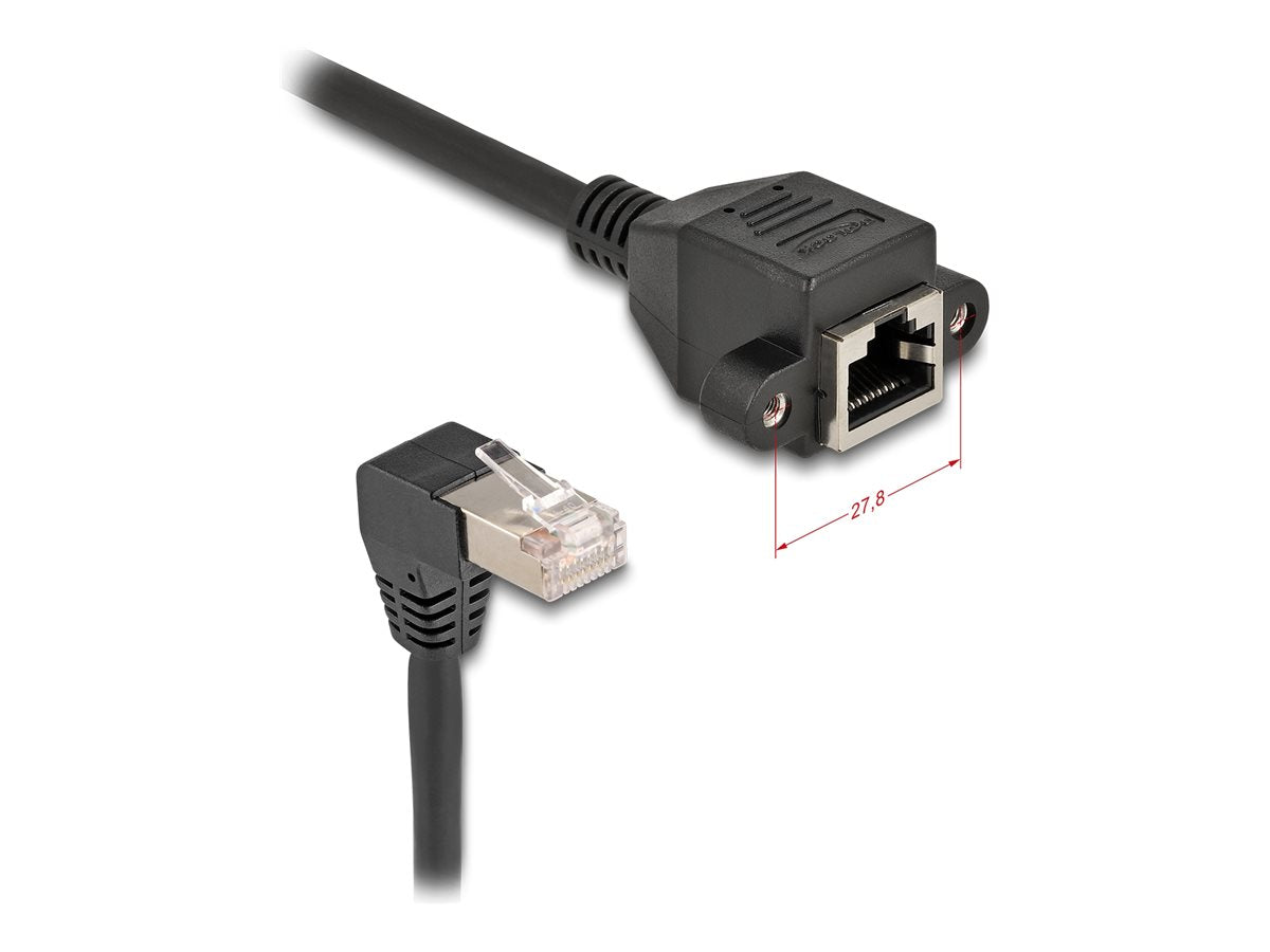 DELOCK Netzwerk Verlängerungskabel S/FTP Stecker RJ45 90 gewinkelt zu RJ45 Einbaubuchse Cat.6A 0,5m schwarz - Vorderansicht