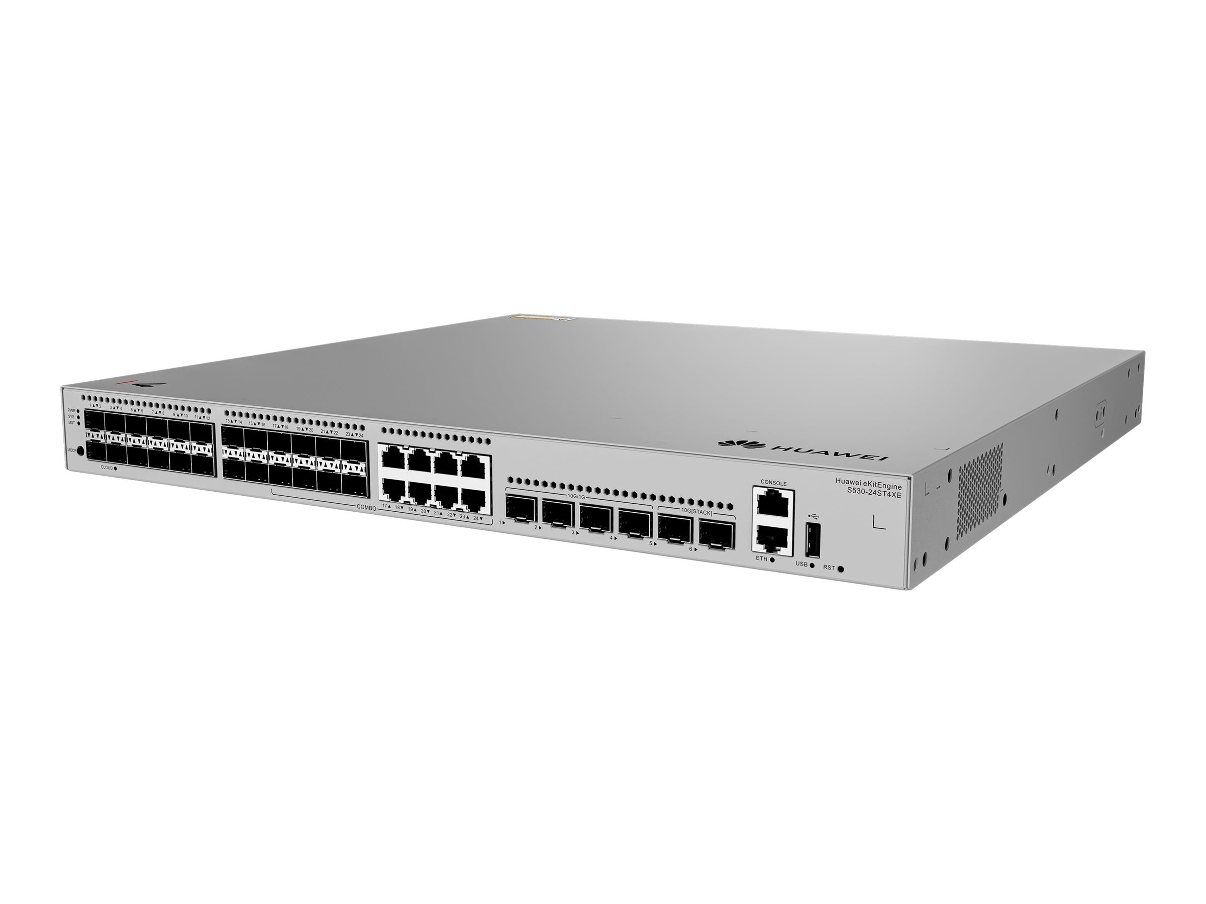 HUAWEI S530-24ST4XE 24xGE SFP ports 8 of which are dual-purpose 10/100/1000 or SFP 4x10GE SFP+ ports 2x12GE stack ports 1xAC power