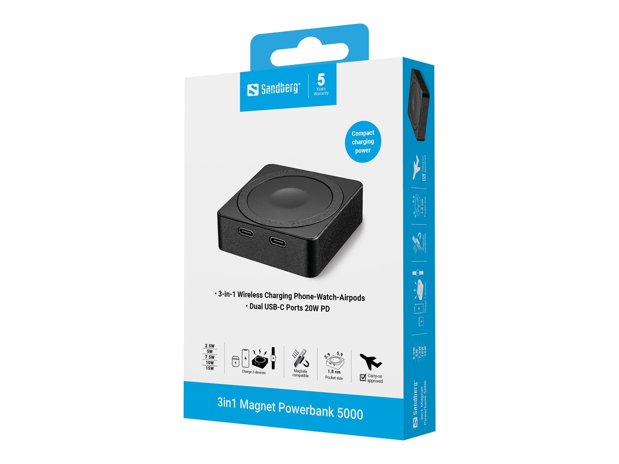 SANDBERG 3in1 Magnet Powerbank 5000 Vorderansicht