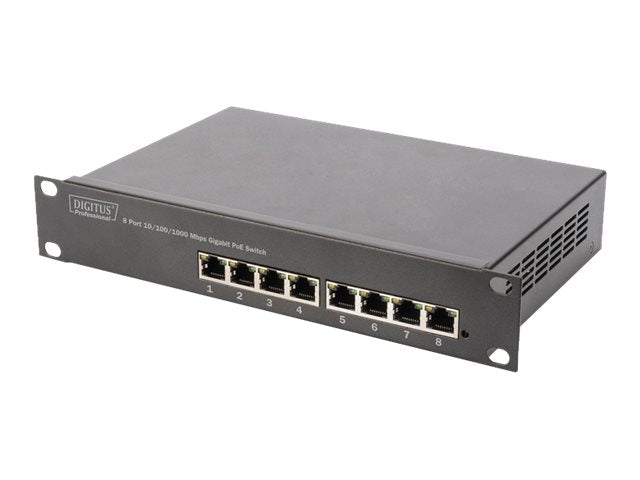 DIGITUS 25,4cm 10Zoll 8-Port Gigabit Ethernet PoE switch Detailansicht