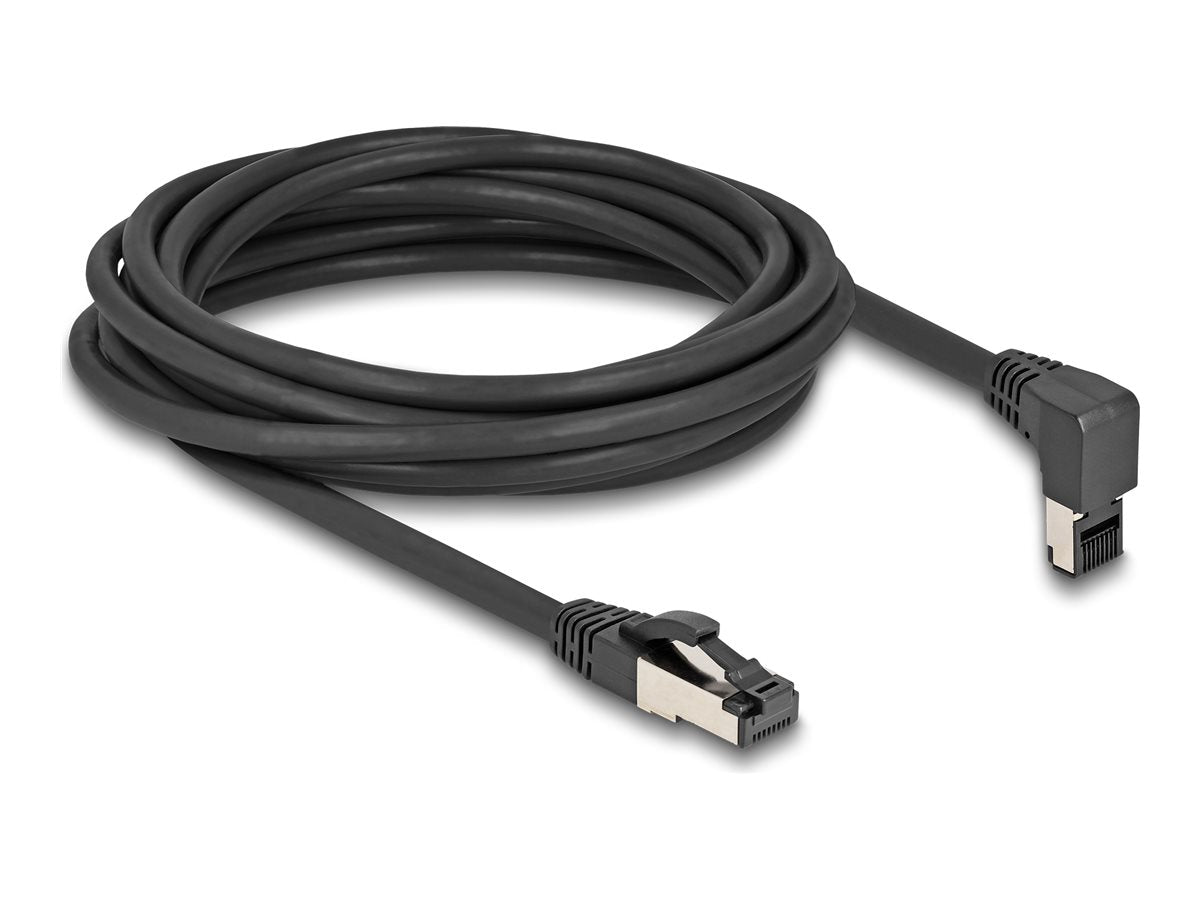 DELOCK RJ45 Netzwerkkabel Cat.8.1 S/FTP 90 oben gewinkelt / gerade 5m schwarz - Vorderansicht