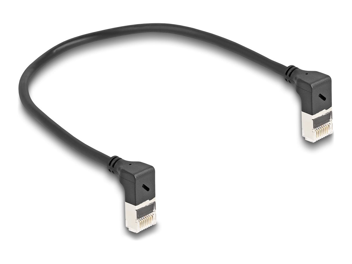 DELOCK RJ45 Netzwerkkabel Cat.6A S/FTP Slim 90 oben gewinkelt 0,25m schwarz - Vorderansicht