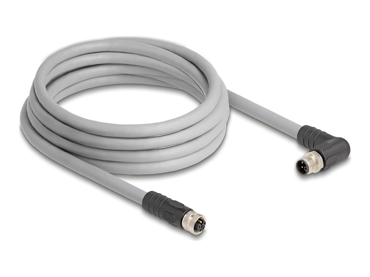 DELOCK M12 Kabel L-kodiert 5 Pin Stecker rechts gewinkelt zu Buchse gerade 3m - Vorderansicht