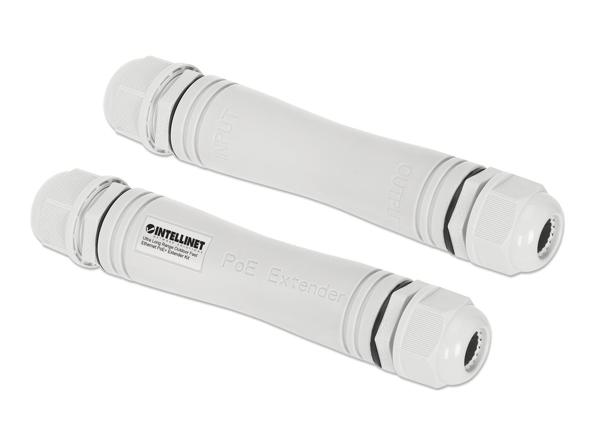 INTELLINET Ultra Long Range Outdoor 10/100 PoE+ Extender Set Verlängert PoE-Reichweite auf bis zu 1000m PD-Port bis zu 95W IP67 grau