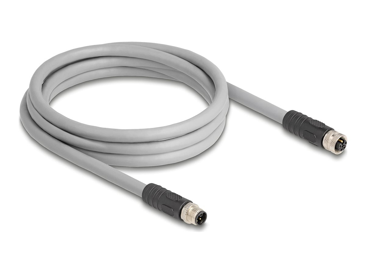 DELOCK M12 Kabel L-kodiert 5 Pin Stecker zu Buchse PUR schleppkettentauglich 2m grau - Vorderansicht