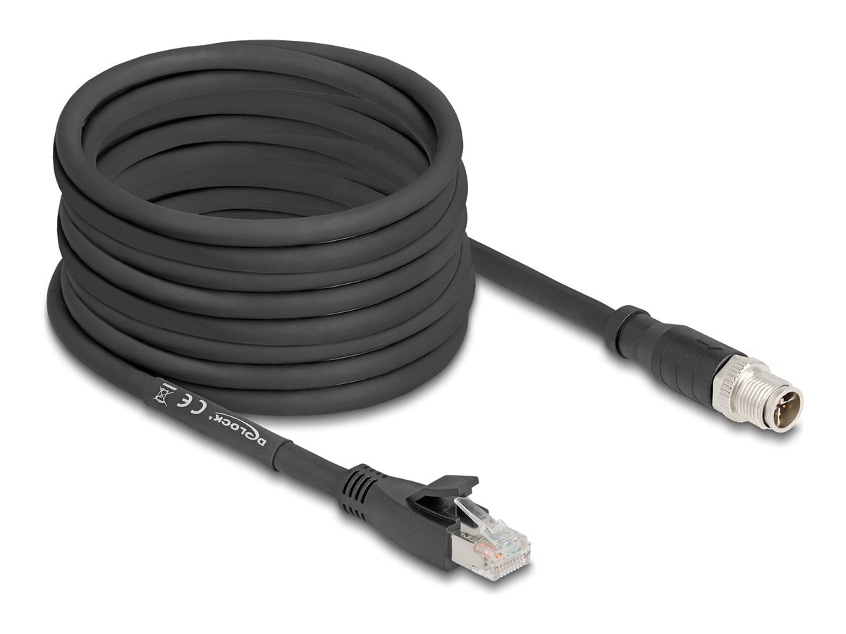DELOCK M12 Kabel X-kodiert 8 Pin Stecker zu RJ45 Stecker Cat.5e S/FTP flexibel 10m schwarz - Vorderansicht