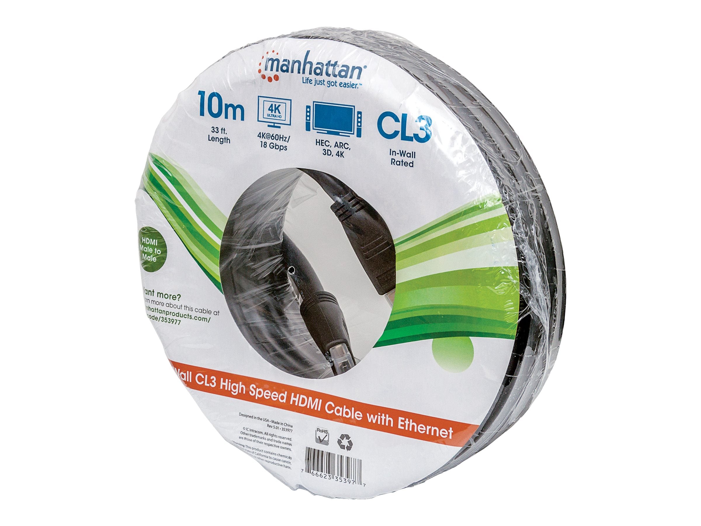 MANHATTAN HDMI-Kabel mit Ethernet-Kanal CL3-zertifiz. 10m Vorderansicht