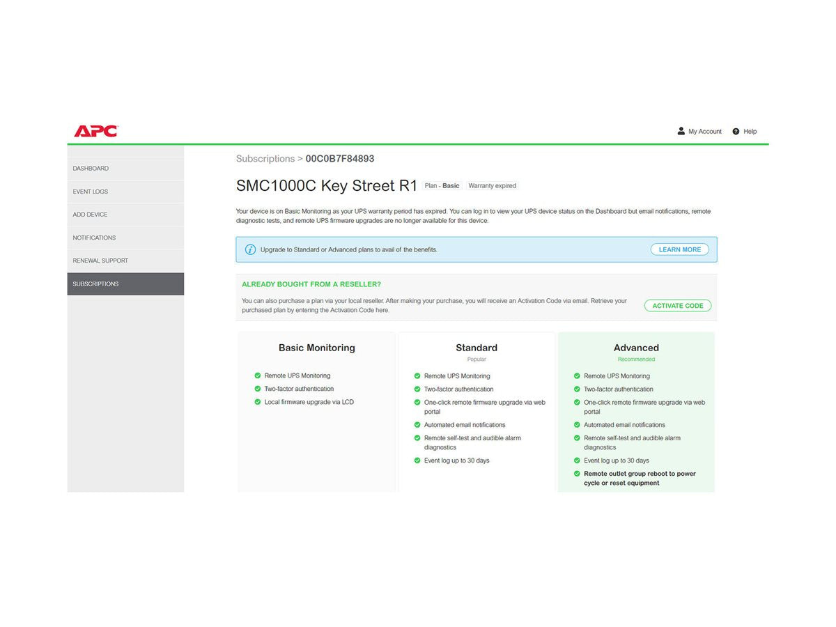 APC 1-UPS Advanced 1Y Plan SmartConnect Detailansicht