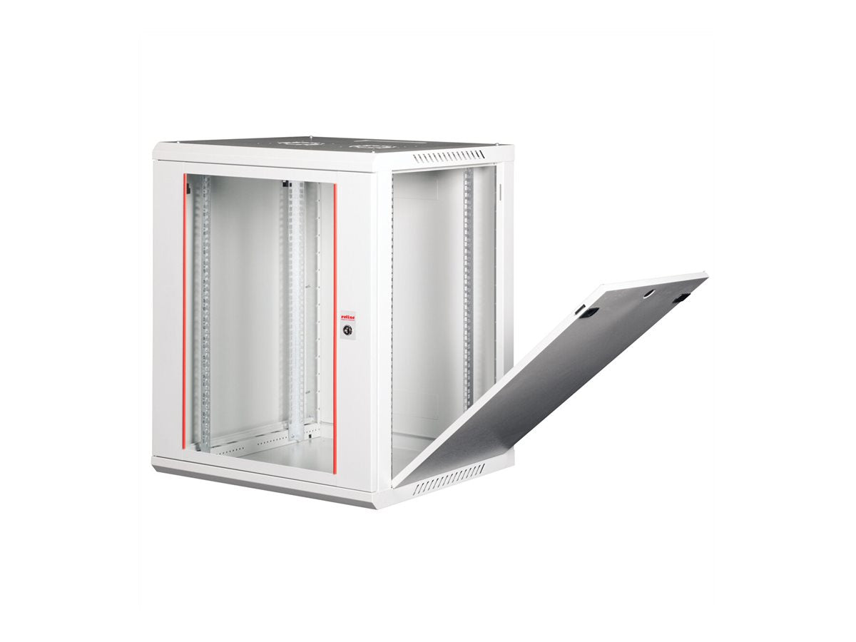 Detailaufnahme der Glasfronttür des ROLINE Wandgehäuses Basic Plus 48,26cm 19-Zoll 15HE 600x600 BxT grau