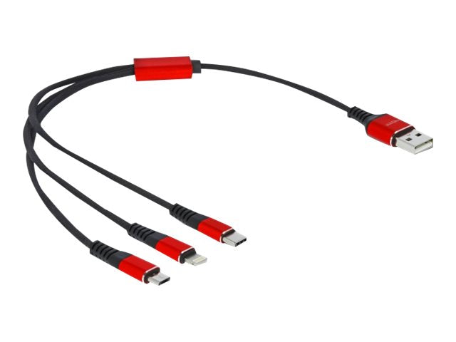 DELOCK USB Ladekabel 3in1 Typ-A zu Lightning / 2x USB Type-C 30cm Vorderansicht