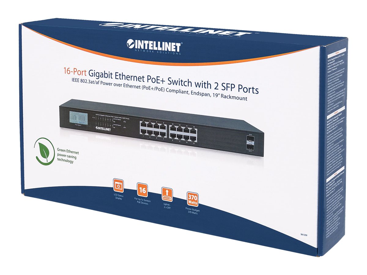 INTELLINET 16-Port Gigabit Ethernet PoE+ Switch mit 2 SFP-Ports und LCD Anzeige (PoE+/PoE) 370 W Endspan 19 Zoll Rackmount schwarz