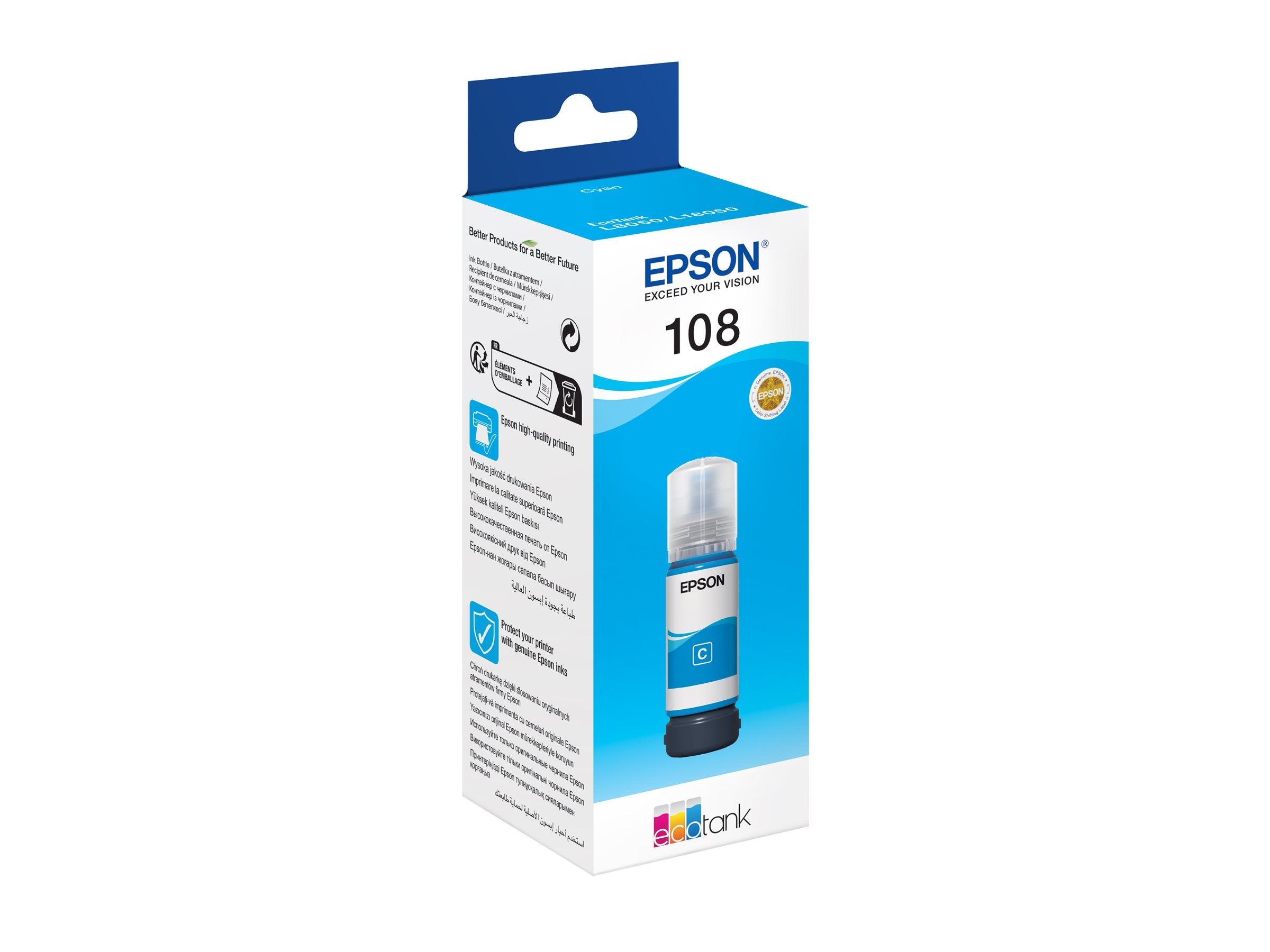EPSON 1LB 108 EcoTank Cyan Ink Bottle - Vorderansicht