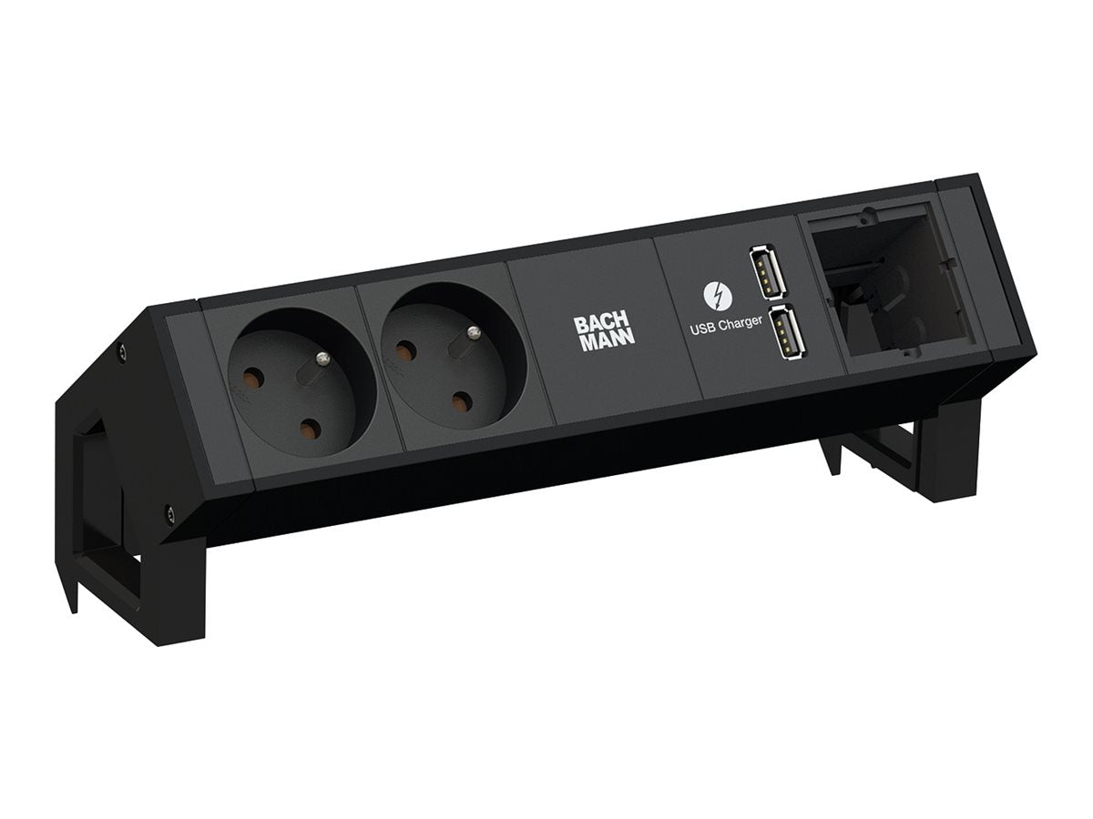 BACHMANN DESK2 2xUTE 1xUSB Charger 1xCM Strom 0,2m GST18 RAL9005 - Vorderansicht