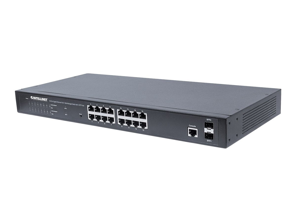 INTELLINET 16-Port Gigabit Ethernet PoE+ Switch Web-Managed with 2 SFP Ports PoE+/PoE 374W Endspan 48.26 cm 19Zoll Rackmount schwarz
