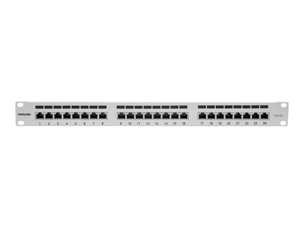 INTELLINET 24-Port Cat6a Patchpanel geschirmt 24 Ports FTP 1 HE Klemmleisten mit 90 Grad abgewinkelten Kabeleinfuehrungen grau