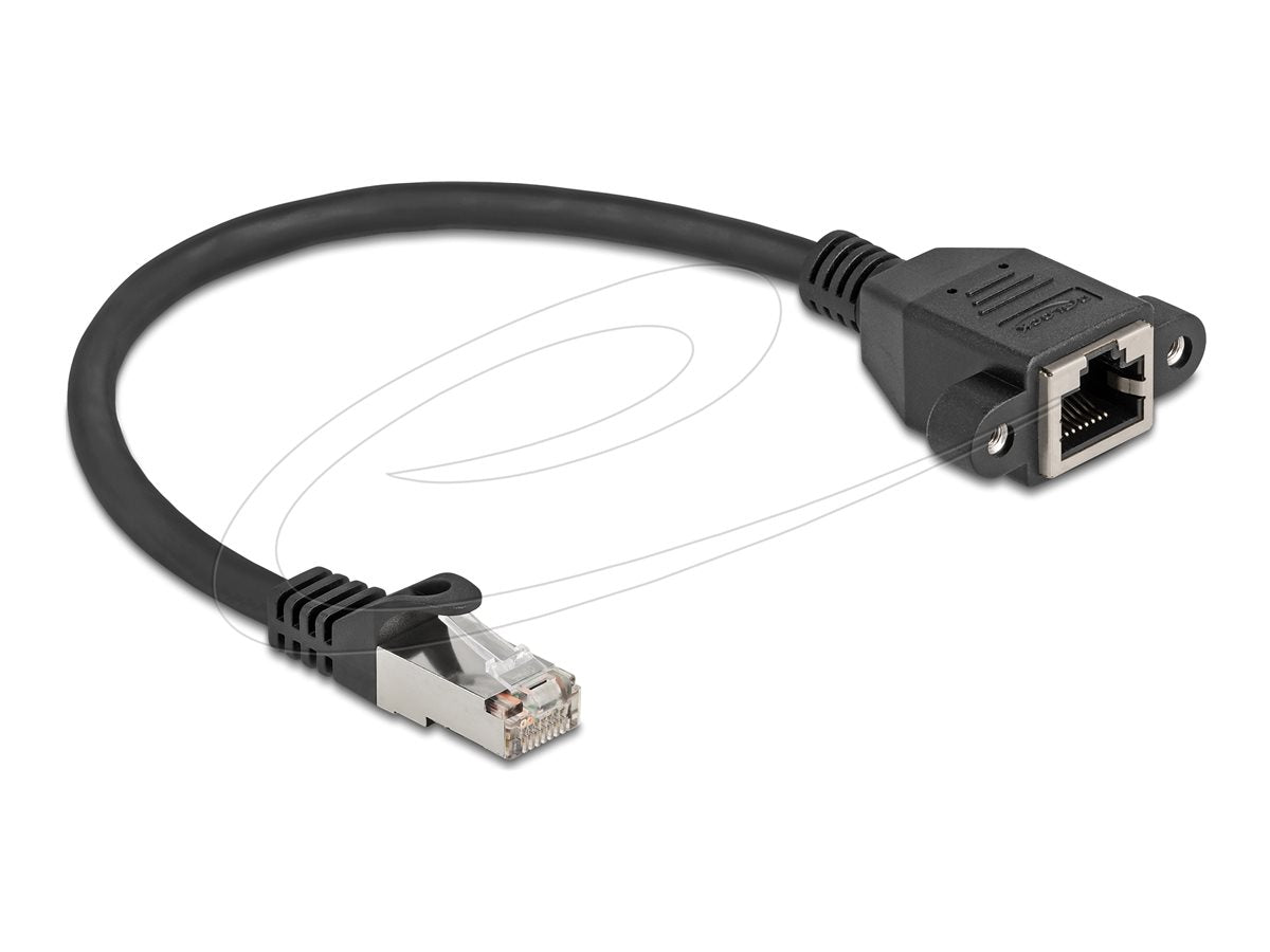 DELOCK Netzwerk Verlängerungskabel S/FTP RJ45 Stecker zu RJ45 Buchse Cat.6A flache Ausführung 0,25m schwarz - Vorderansicht