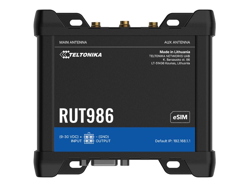 TELTONIKA NETWORKS RUT986 DUAL SIM eSIM 4G/LTE/GNSS RS232/RS485 ETH GLOBAL WiFi Router - Vorderansicht