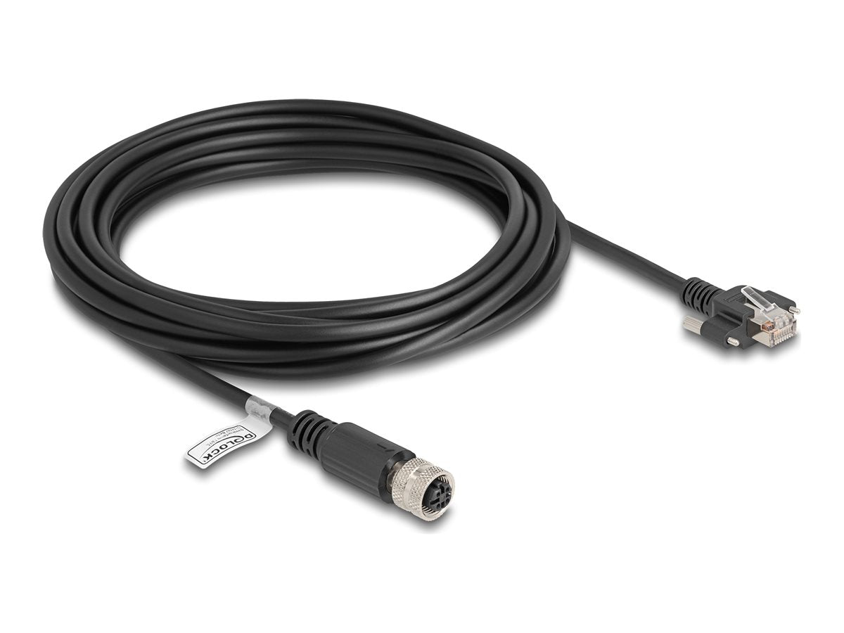 DELOCK M12 Kabel D-kodiert 4 Pin Buchse zu RJ45 Stecker mit Schrauben Cat.5e FTP 5m schwarz