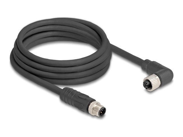 DELOCK M12 Kabel L-kodiert 4 Pin Stecker gerade zu Buchse rechts gewinkelt PUR schleppkettentauglich 3m schwarz - Vorderansicht
