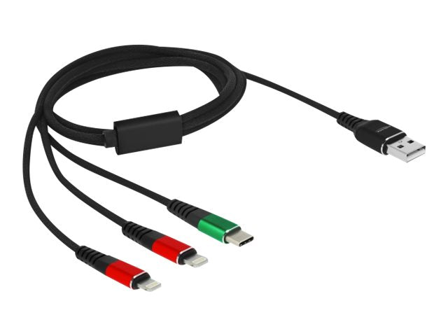 DELOCK USB Ladekabel 3 in 1 Typ-A zu 2 x Lightning / USB Type-C 1m - Vorderansicht