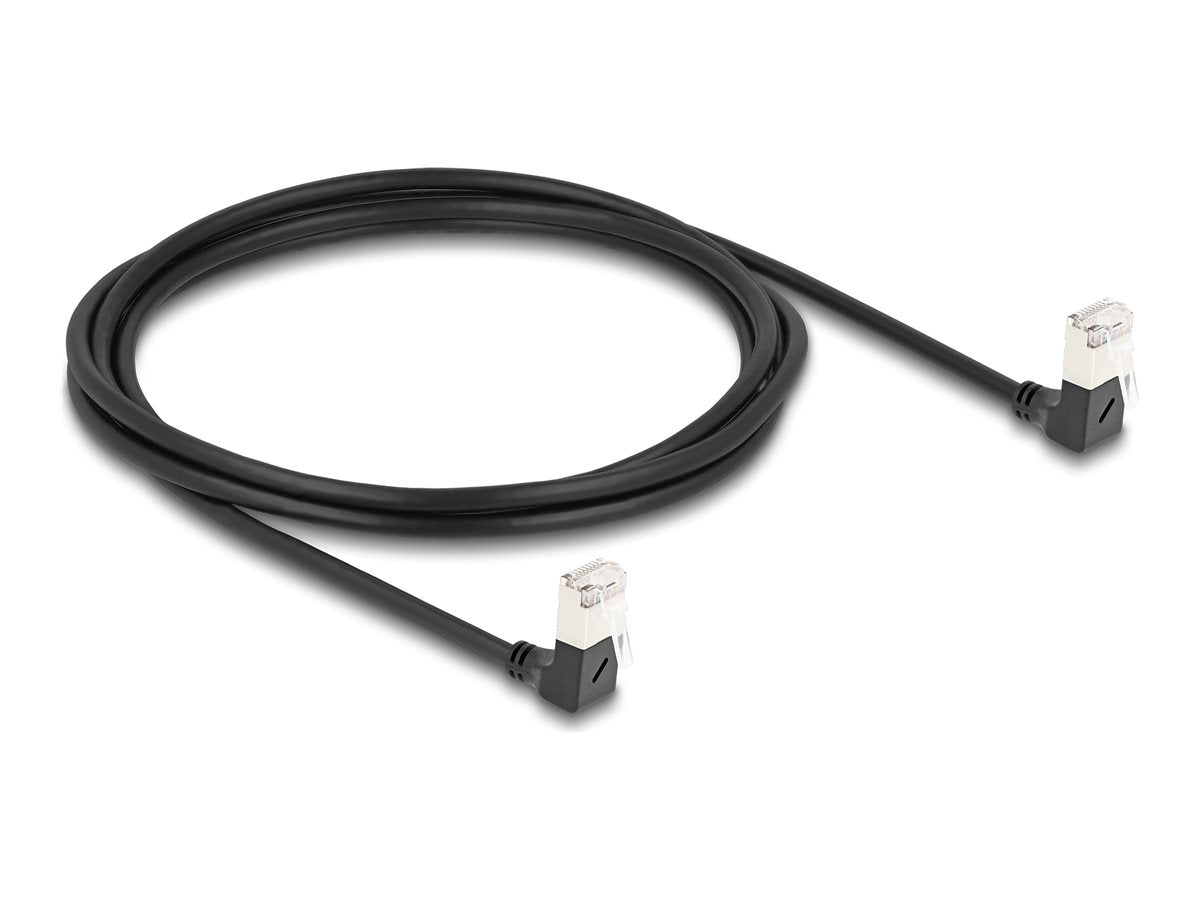 DELOCK RJ45 Netzwerkkabel Cat.6A S/FTP Slim 90 unten / unten gewinkelt 2m schwarz - Vorderansicht