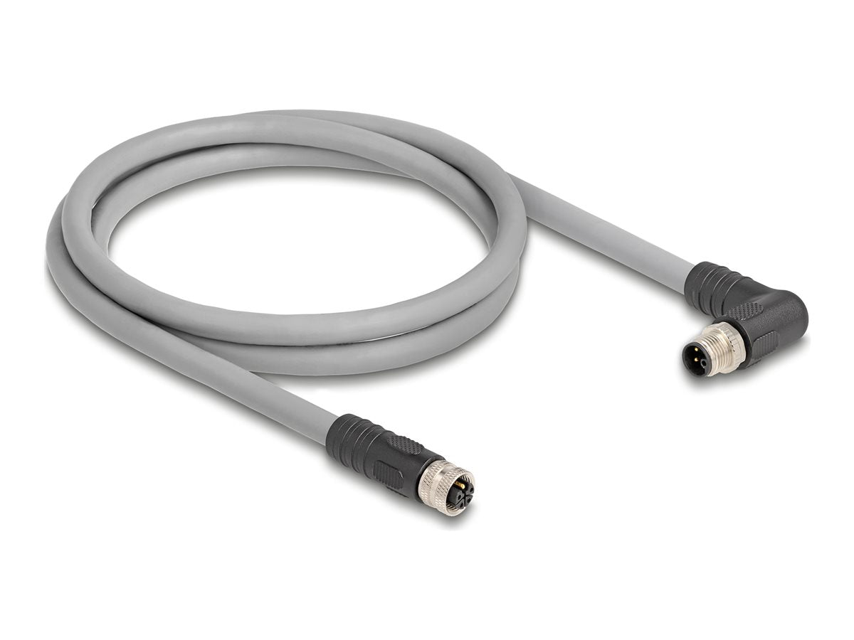 DELOCK M12 Kabel L-kodiert 5 Pin Stecker rechts gewinkelt zu Buchse gerade 1m grau - Vorderansicht