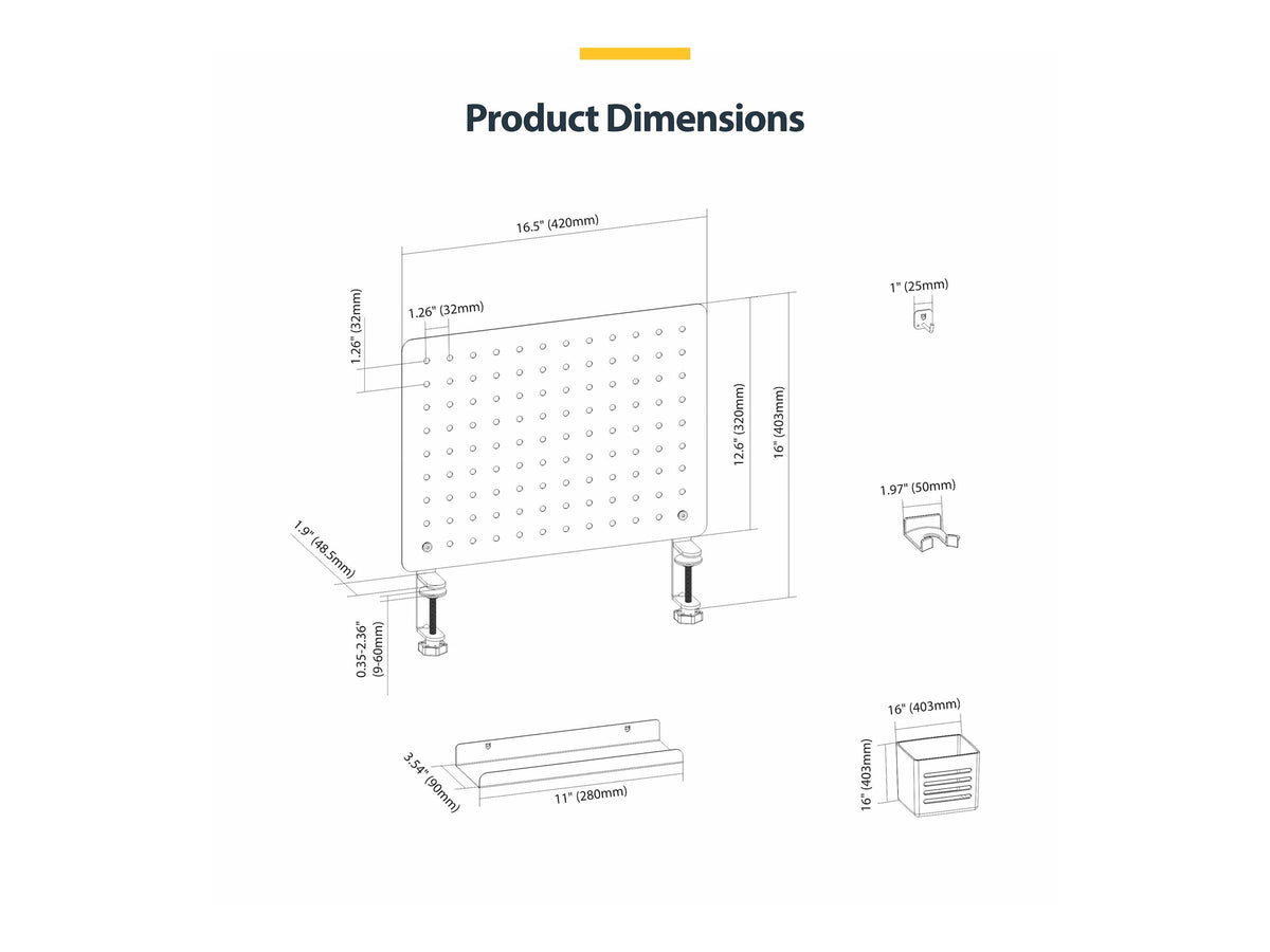 STARTECH.COM Klemm Lochplatte mit Zubehör 420 x 320mm Pegboard Metall Lochwand/Stecktafel Tisch Lochbrett/Werkzeugwand