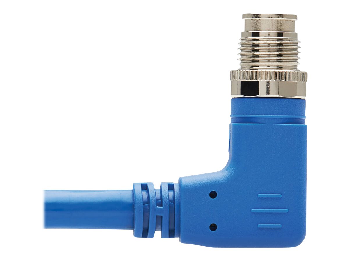 EATON TRIPPLITE M12 X-Code Cat6a 10G F/UTP CMR-LP Shielded Ethernet Cable Right-Angle M/M IP68 PoE Blue 1m 3
