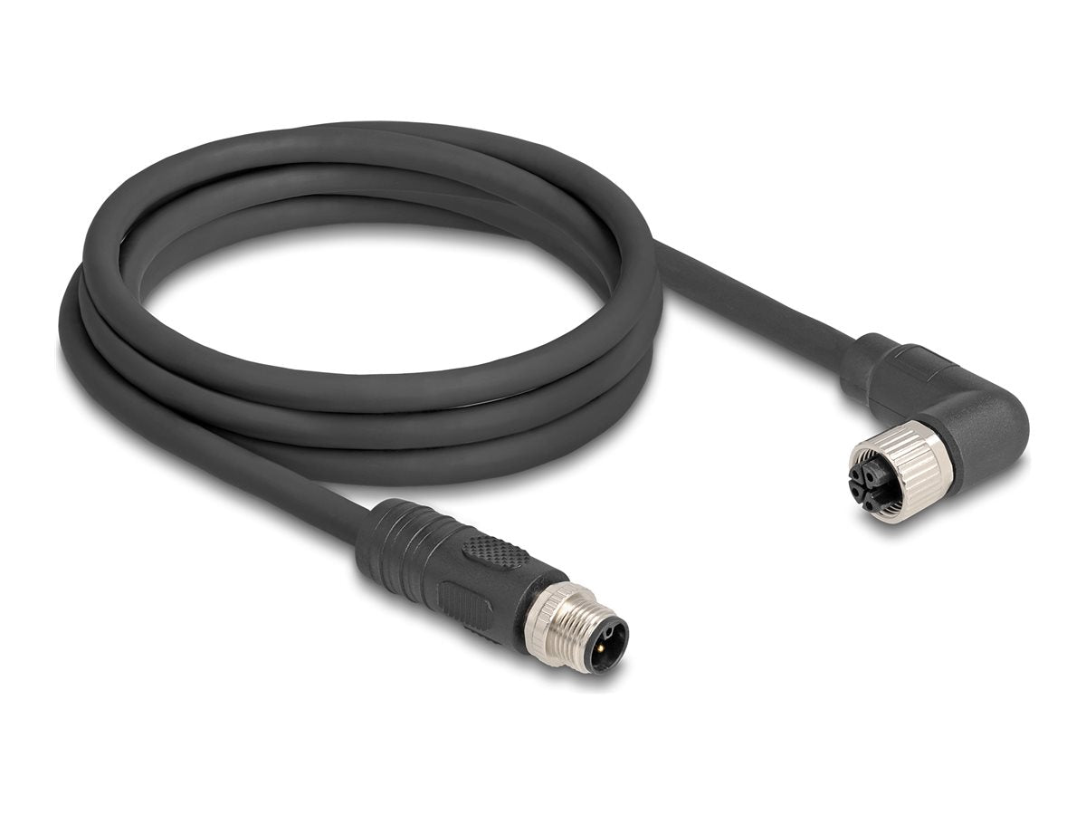 DELOCK M12 Kabel L-kodiert 4 Pin Stecker gerade zu Buchse rechts gewinkelt PUR schleppkettentauglich 2m schwarz - Vorderansicht